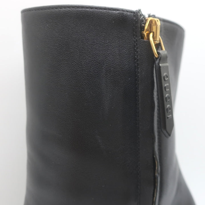 Gucci Sylvie Web Strap High Heel Ankle Boots Black Leather Size 37.5
