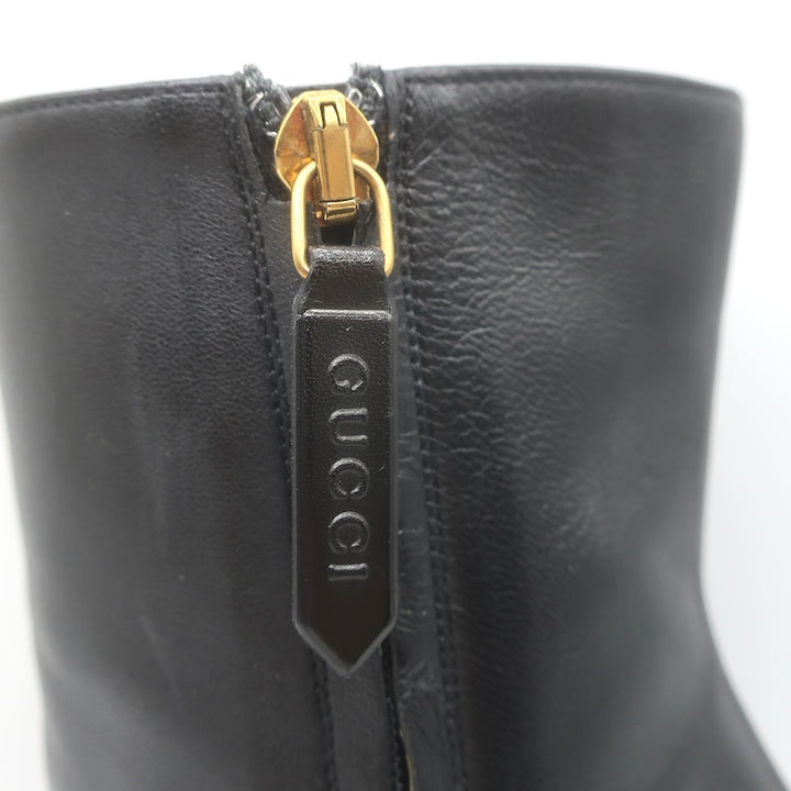 Gucci Sylvie Web Strap High Heel Ankle Boots Black Leather Size 37.5