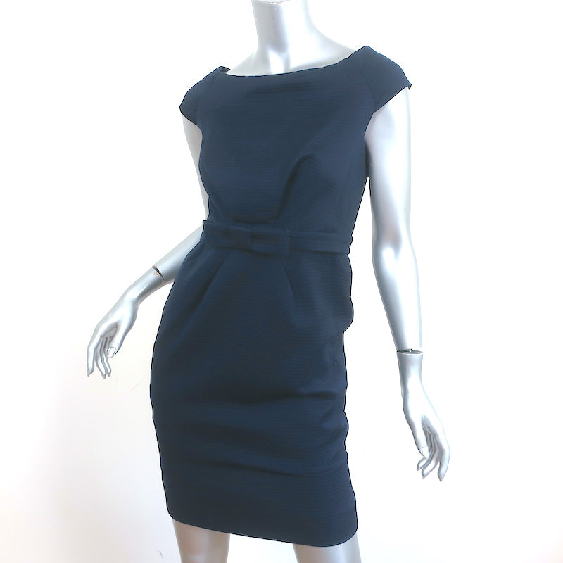 Christian Dior Bow Belt Mini Dress Navy Size 36 Boatneck Cap Sleeve Sheath