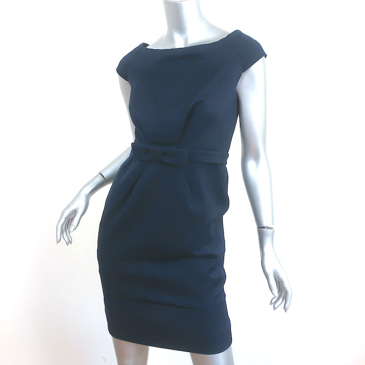 Christian Dior Bow Belt Mini Dress Navy Size 36 Boatneck Cap Sleeve Sheath