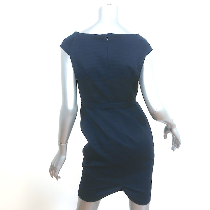 Christian Dior Bow Belt Mini Dress Navy Size 36 Boatneck Cap Sleeve Sheath