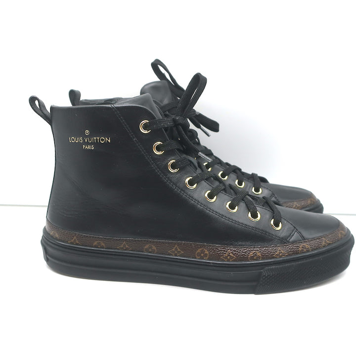 Louis Vuitton Stellar High Top Sneakers Black Leather &amp; Brown Monogram Size 37.5