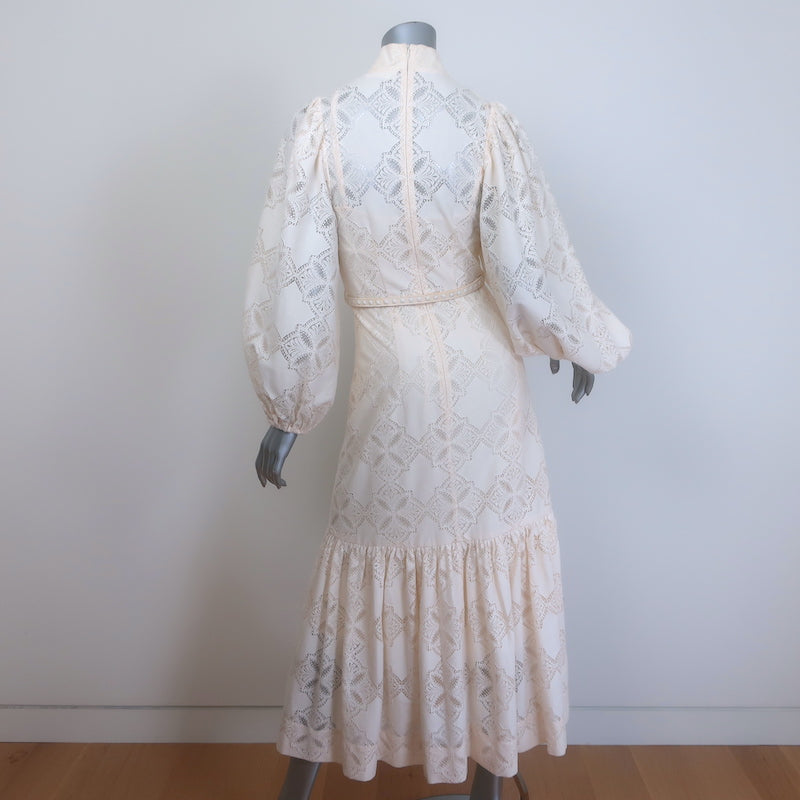 Zimmermann Rhythmic Lace High Neck Belted Midi Dress Ivory Size 0