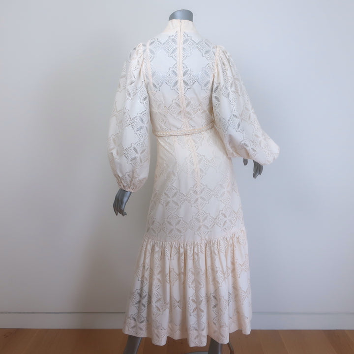 Zimmermann Rhythmic Lace High Neck Belted Midi Dress Ivory Size 0