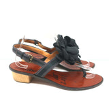 Lanvin Flower Sandals Black Satin Size 40 Low Heel Slingback Thong