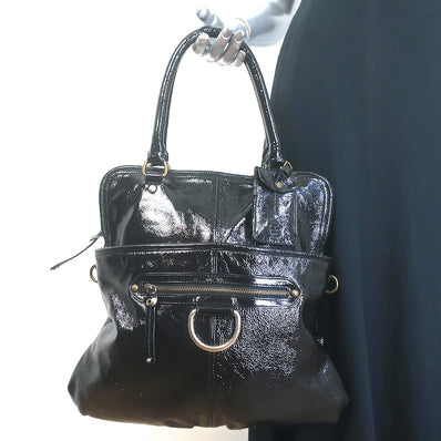 Hayden-Harnett Chain Strap Foldover Large Shoulder Bag Black Patent Leather