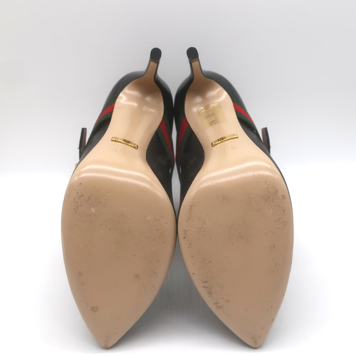 Gucci Sylvie Web Strap High Heel Ankle Boots Black Leather Size 37.5