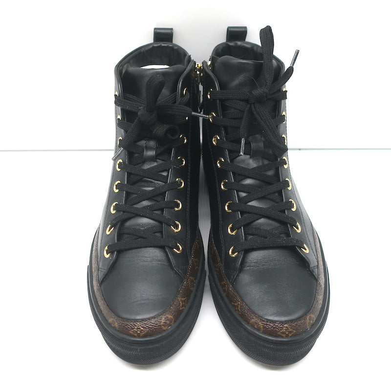 Louis Vuitton Stellar High Top Sneakers Black Leather &amp; Brown Monogram Size 37.5