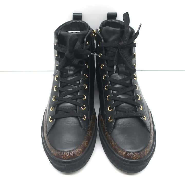 Louis Vuitton Stellar High Top Sneakers Black Leather &amp; Brown Monogram Size 37.5
