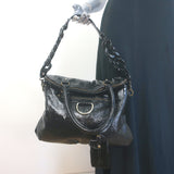 Hayden-Harnett Chain Strap Foldover Large Shoulder Bag Black Patent Leather