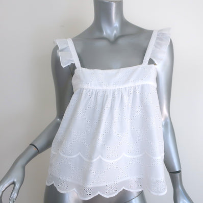 St. Roche Eyelet-Embroidered Ruffle Strap Tank Top White Cotton Size Small