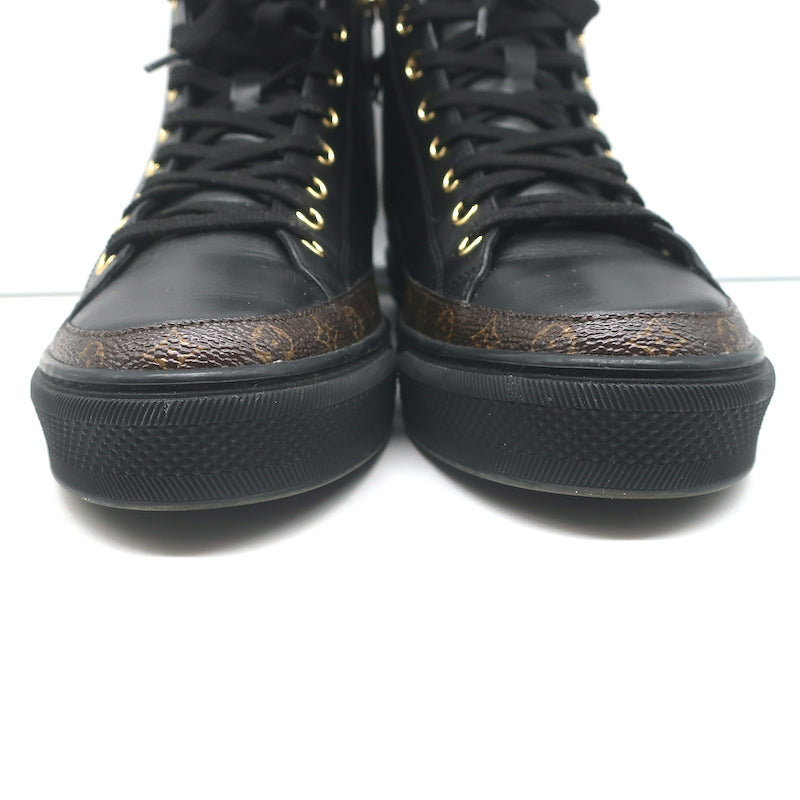 Louis Vuitton Stellar High Top Sneakers Black Leather &amp; Brown Monogram Size 37.5