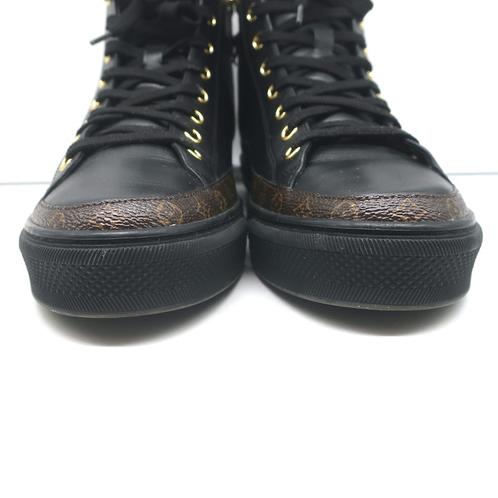 Louis Vuitton Stellar High Top Sneakers Black Leather &amp; Brown Monogram Size 37.5