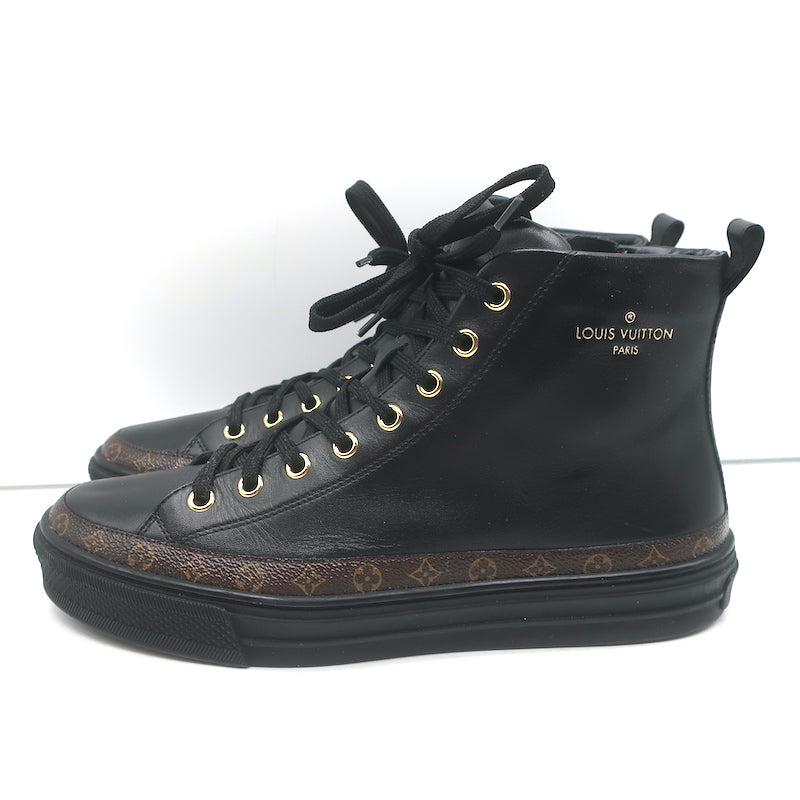 Louis Vuitton Stellar High Top Sneakers Black Leather &amp; Brown Monogram Size 37.5