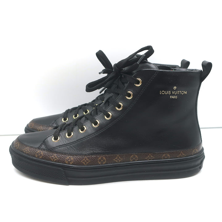 Louis Vuitton Stellar High Top Sneakers Black Leather &amp; Brown Monogram Size 37.5