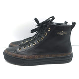 Louis Vuitton Stellar High Top Sneakers Black Leather & Brown Monogram Size 37.5