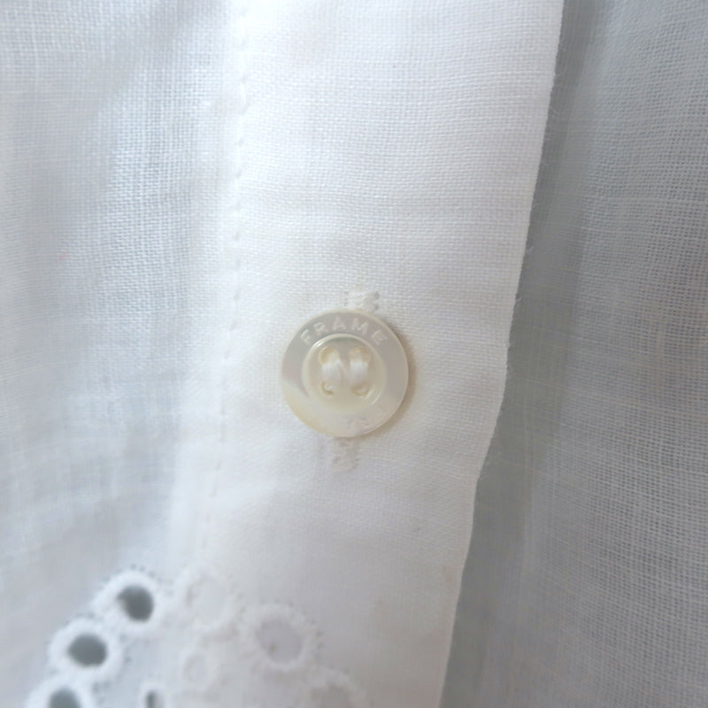 FRAME Eyelet Puff Sleeve Top White Ramie Size Extra Small Button-Down Blouse