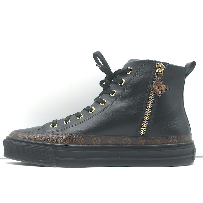Louis Vuitton Stellar High Top Sneakers Black Leather &amp; Brown Monogram Size 37.5