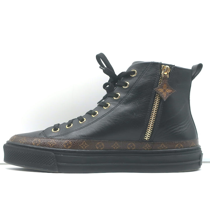 Louis Vuitton Stellar High Top Sneakers Black Leather &amp; Brown Monogram Size 37.5