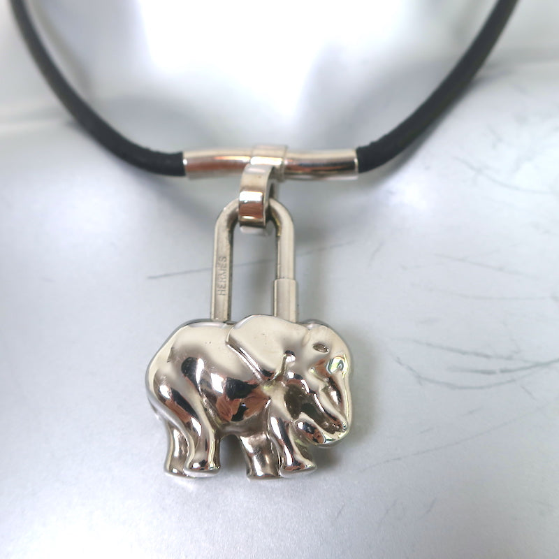 Hermes Elephant Cadena Lock Necklace Palladium Hardware &amp; Black Leather