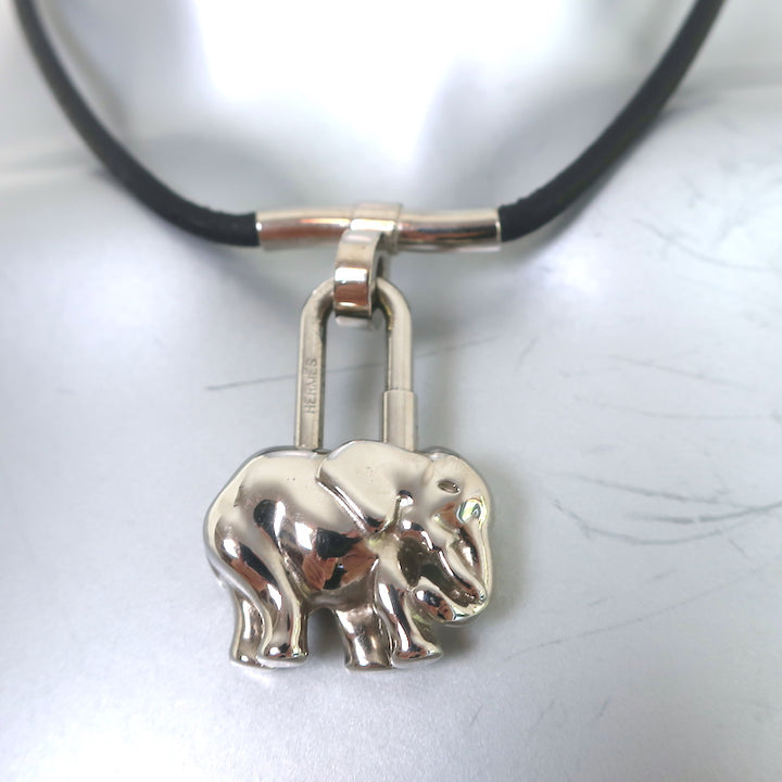 Hermes Elephant Cadena Lock Necklace Palladium Hardware &amp; Black Leather