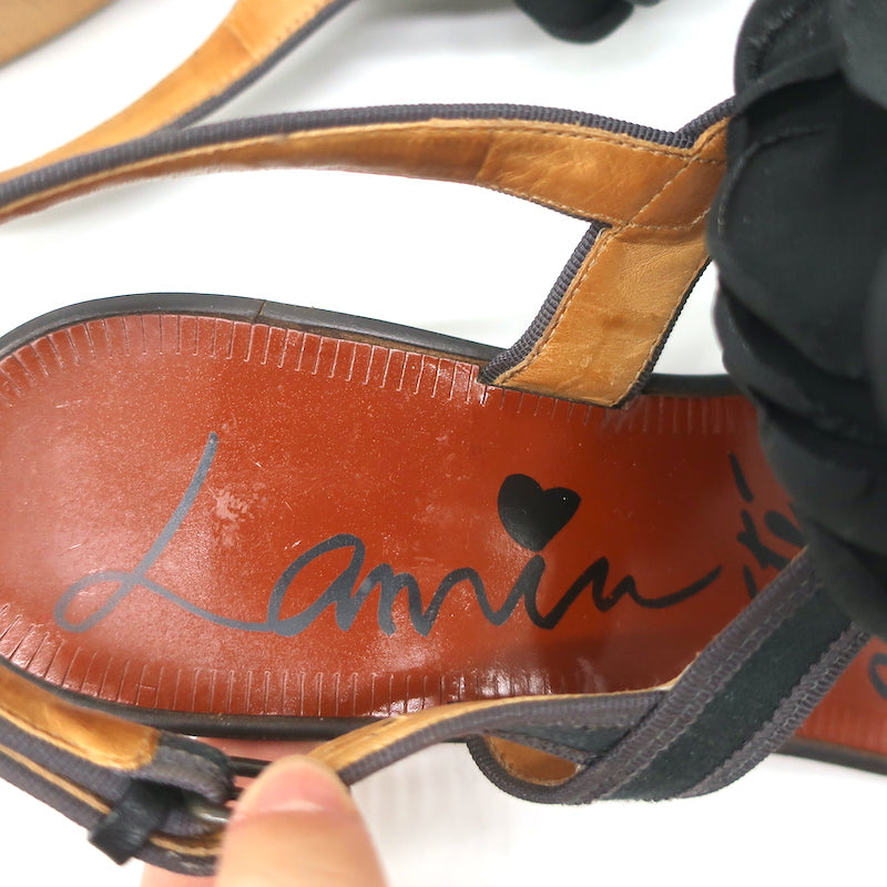 Lanvin Flower Sandals Black Satin Size 40 Low Heel Slingback Thong