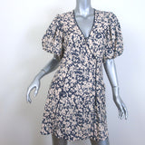 Jonathan Simkhai Belted Puff Sleeve Mini Dress Beige/Navy Floral Print Size 6