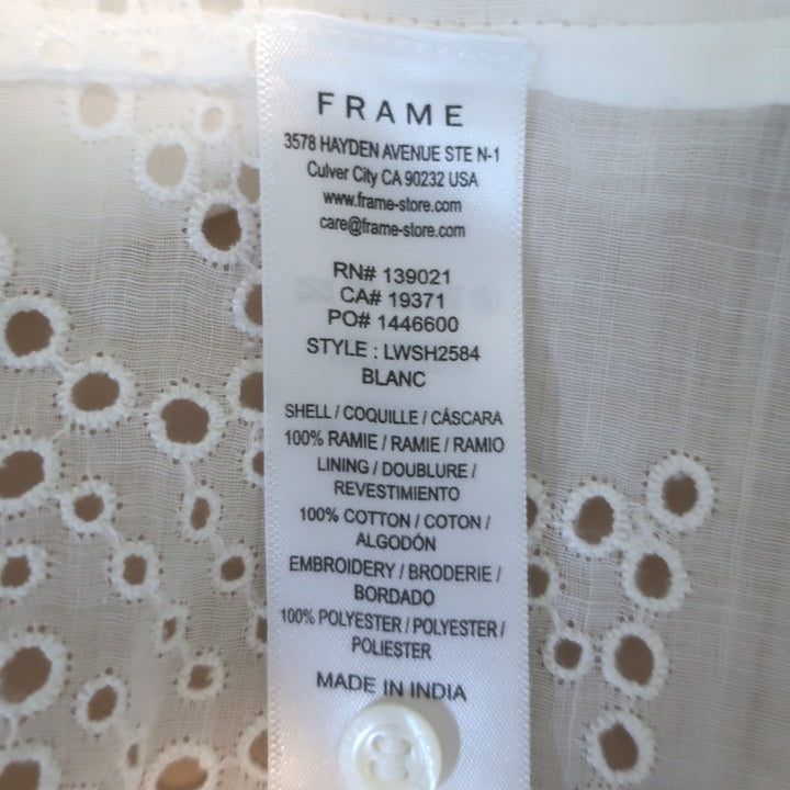 FRAME Eyelet Puff Sleeve Top White Ramie Size Extra Small Button-Down Blouse