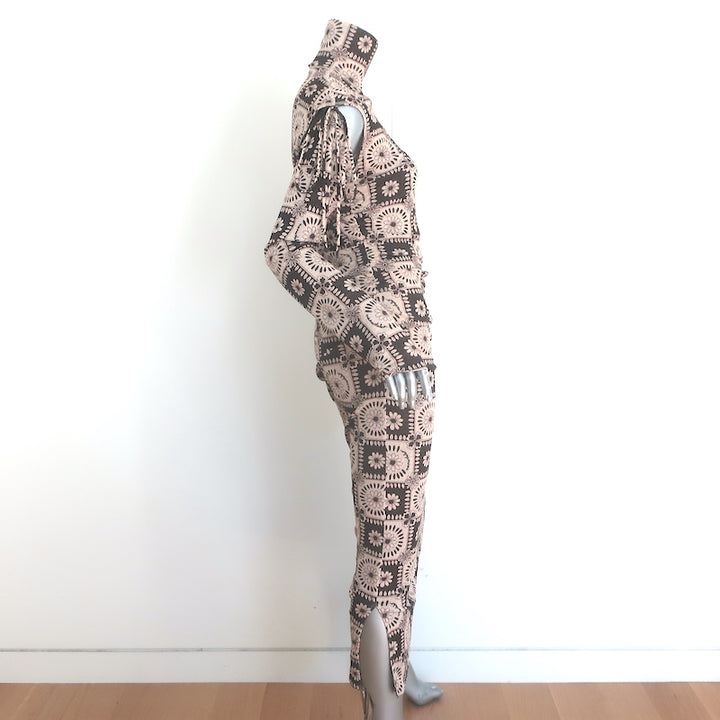 Nanushka Aleid Turtleneck Cutout Midi Dress Beige/Brown Daisy Print Size Large