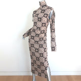 Nanushka Aleid Turtleneck Cutout Midi Dress Beige/Brown Daisy Print Size Large