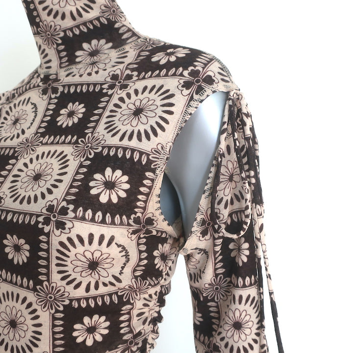 Nanushka Aleid Turtleneck Cutout Midi Dress Beige/Brown Daisy Print Size Large