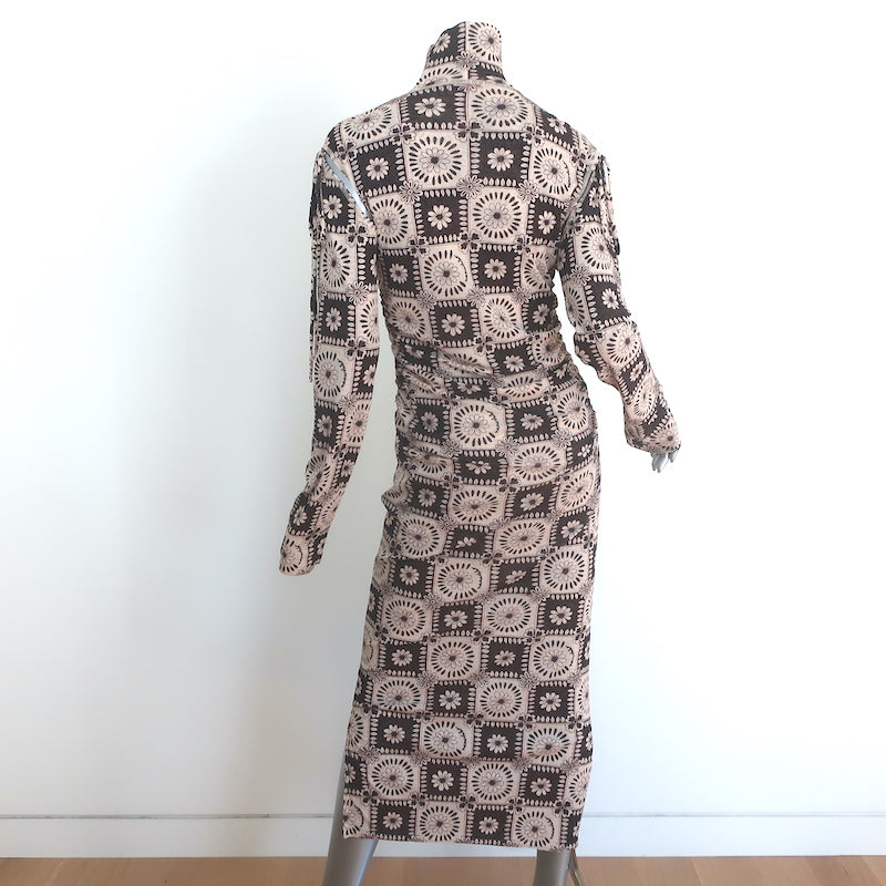 Nanushka Aleid Turtleneck Cutout Midi Dress Beige/Brown Daisy Print Size Large