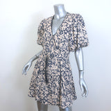 Jonathan Simkhai Belted Puff Sleeve Mini Dress Beige/Navy Floral Print Size 6