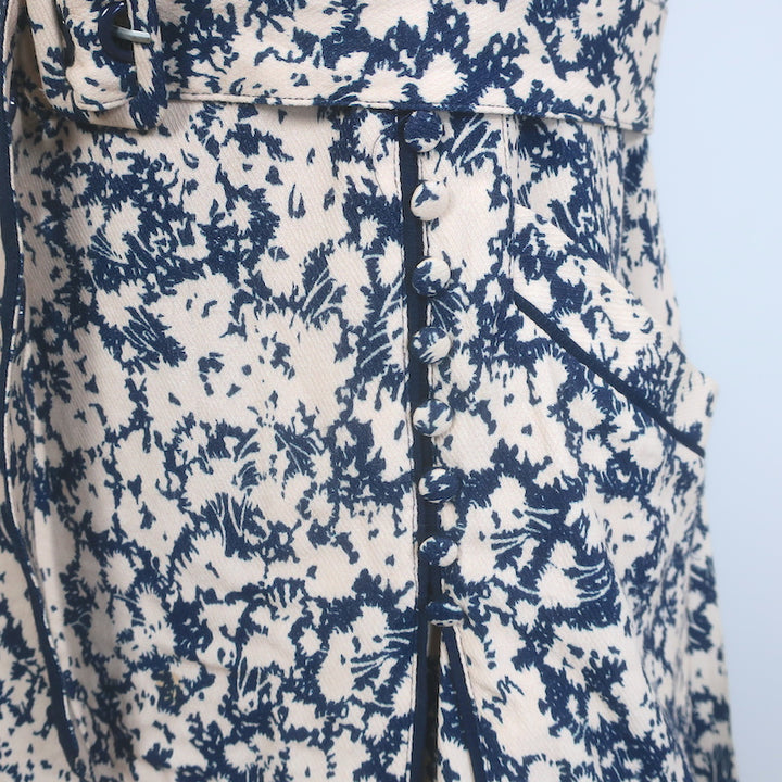 Jonathan Simkhai Belted Puff Sleeve Mini Dress Beige/Navy Floral Print Size 6