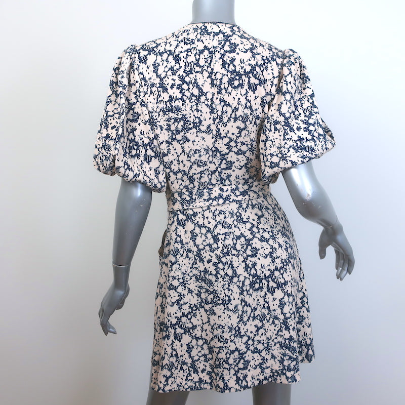 Jonathan Simkhai Belted Puff Sleeve Mini Dress Beige/Navy Floral Print Size 6