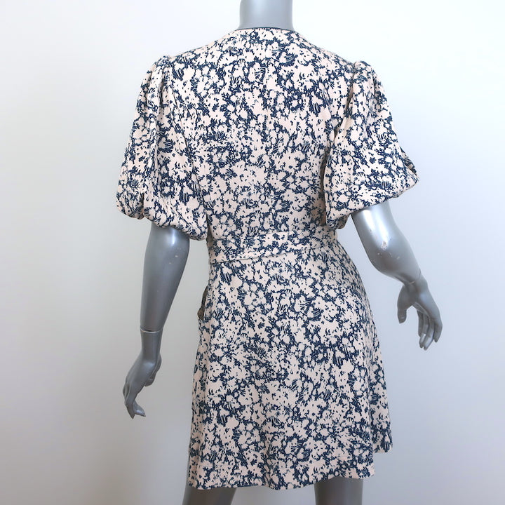 Jonathan Simkhai Belted Puff Sleeve Mini Dress Beige/Navy Floral Print Size 6