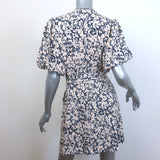 Jonathan Simkhai Belted Puff Sleeve Mini Dress Beige/Navy Floral Print Size 6
