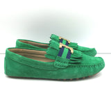 Tory Burch Gemini Link Moccasin Loafers Green Fringed Suede Size 7.5