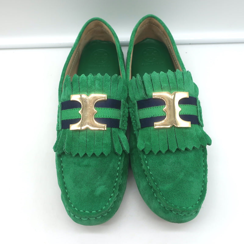 Tory Burch Gemini Link Moccasin Loafers Green Fringed Suede Size 7.5
