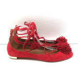 Aquazzura Sunshine Pom Pom Lace-Up Flats Red Suede Size 39.5 NEW