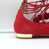 Aquazzura Sunshine Pom Pom Lace-Up Flats Red Suede Size 39.5 NEW