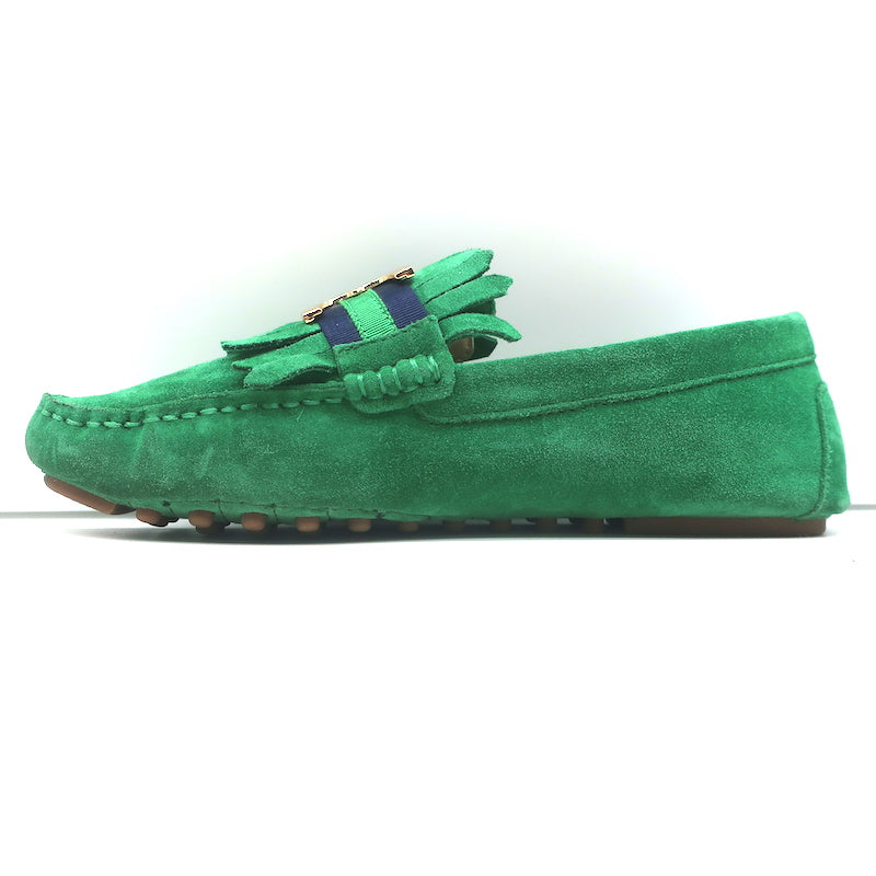 Tory Burch Gemini Link Moccasin Loafers Green Fringed Suede Size 7.5