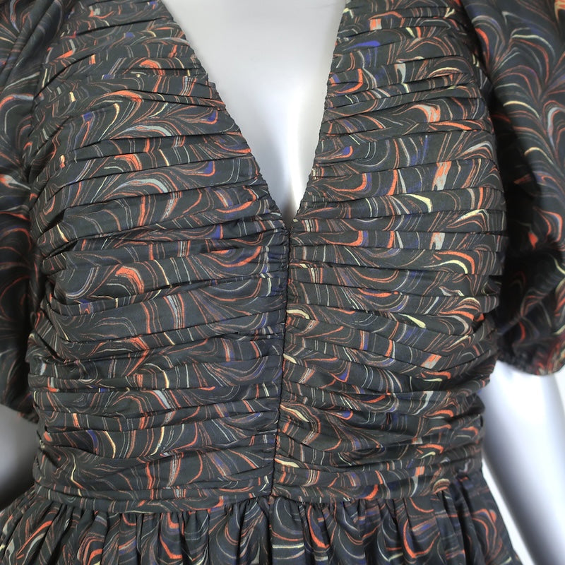 Ulla Johnson Gwen Puff Sleeve Mini Dress Obsidian Marble Print Taffeta Size 6
