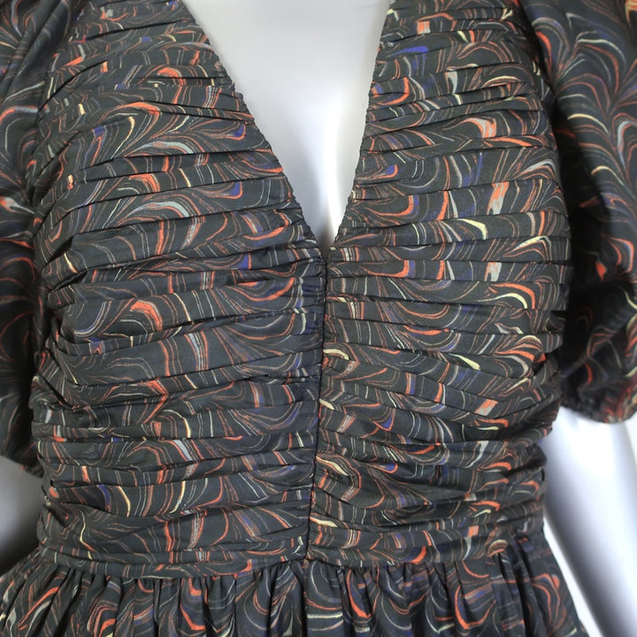 Ulla Johnson Gwen Puff Sleeve Mini Dress Obsidian Marble Print Taffeta Size 6