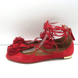 Aquazzura Sunshine Pom Pom Lace-Up Flats Red Suede Size 39.5 NEW