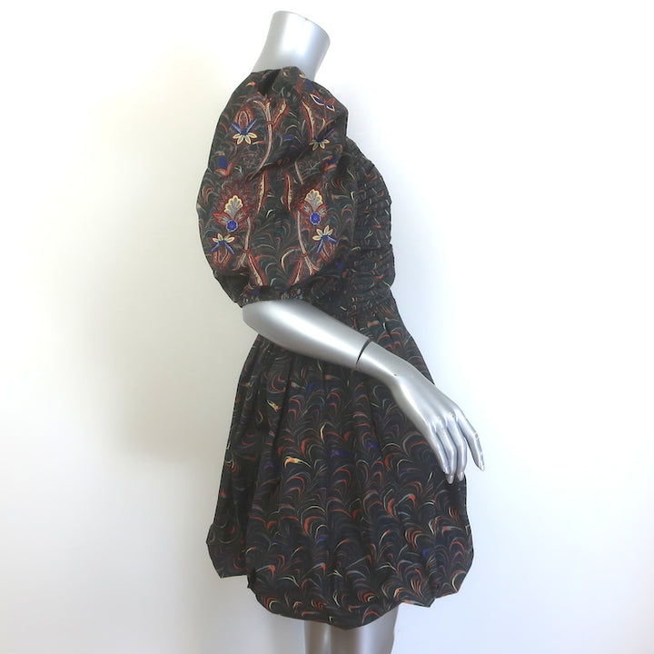 Ulla Johnson Gwen Puff Sleeve Mini Dress Obsidian Marble Print Taffeta Size 6