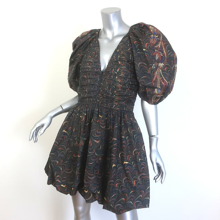 Ulla Johnson Gwen Puff Sleeve Mini Dress Obsidian Marble Print Taffeta Size 6