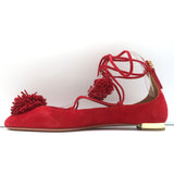 Aquazzura Sunshine Pom Pom Lace-Up Flats Red Suede Size 39.5 NEW