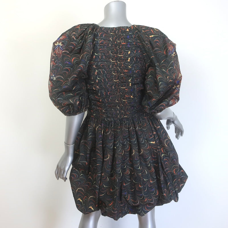 Ulla Johnson Gwen Puff Sleeve Mini Dress Obsidian Marble Print Taffeta Size 6
