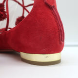 Aquazzura Sunshine Pom Pom Lace-Up Flats Red Suede Size 39.5 NEW